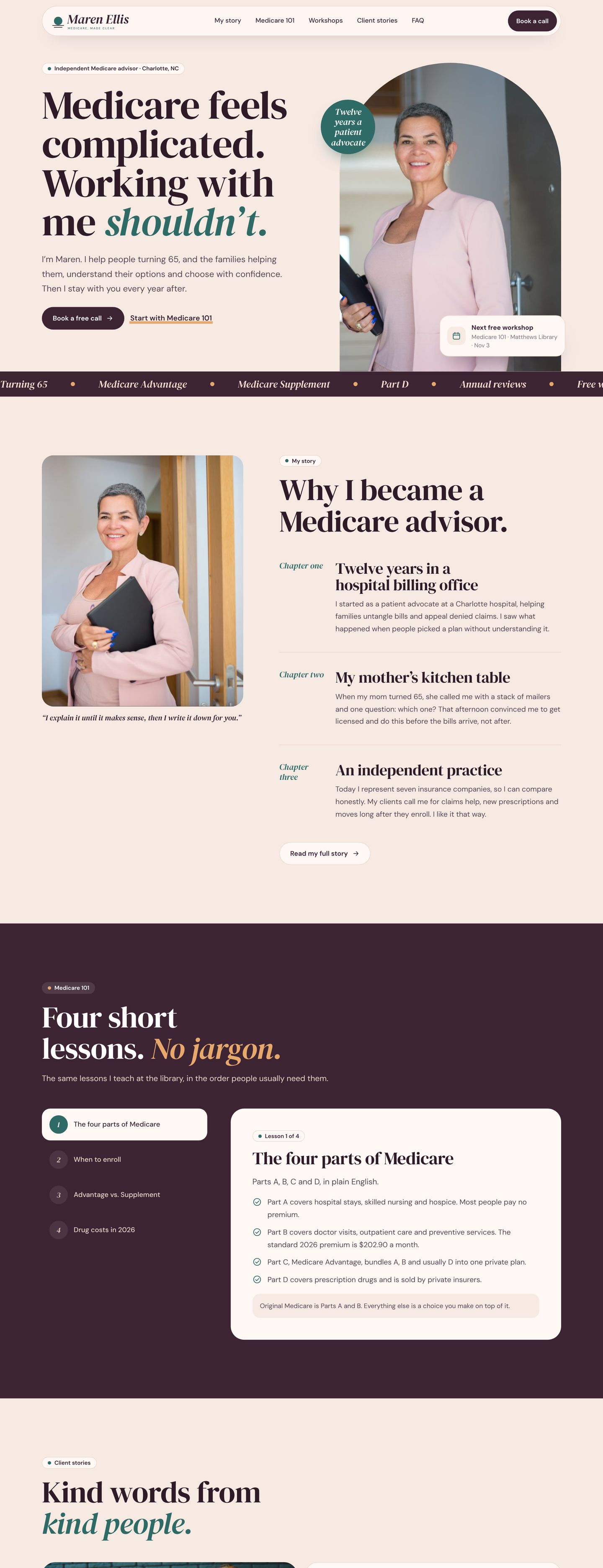 Maren Ellis sample website, full homepage