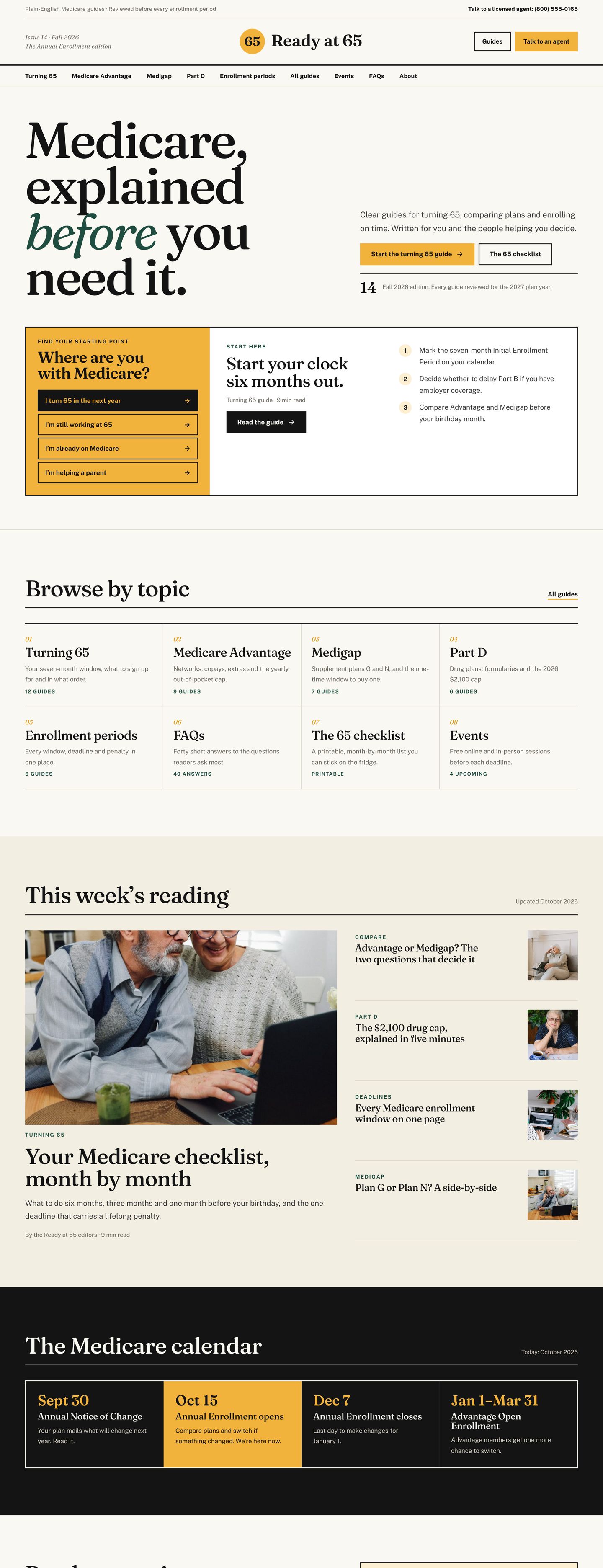 Ready at 65 sample website, full homepage