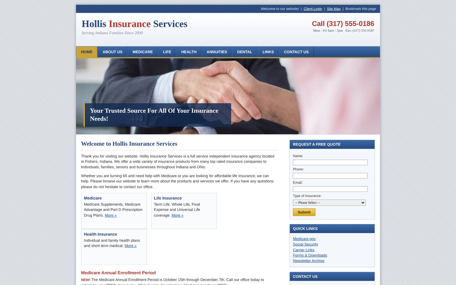 Before: an outdated 2012-style website for Hollis Insurance Services